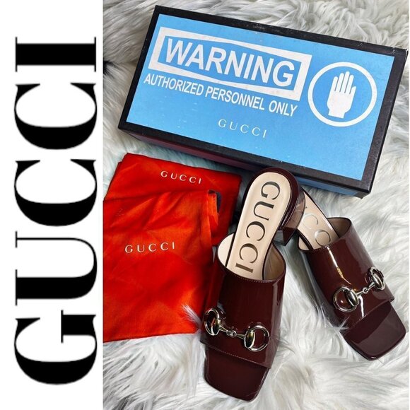 NWOT GUCCI Lexi Patent Leather Horsebit Accent Burgundy Slides, Size 35 - Picture 2 of 12